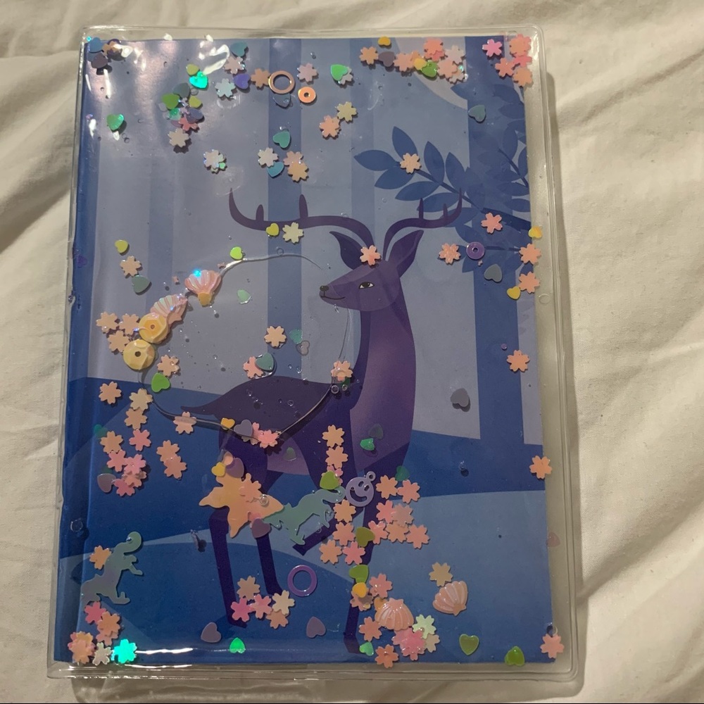 Blue Night Deer Design Small Notebook with Water Gel Front Cover with Sequins